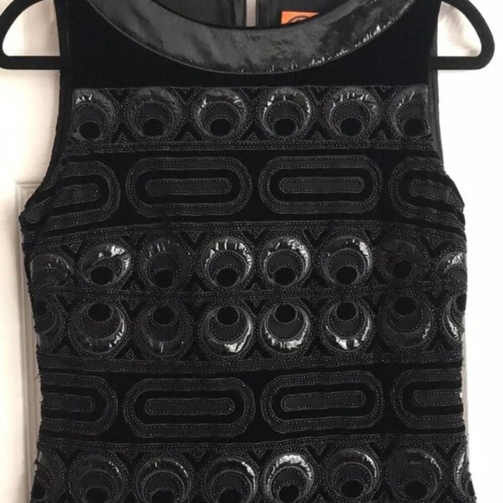 Tory Burch Black Beaded Velvet Patent Leather Trim Circle Mesh Dress Sz 4 $995